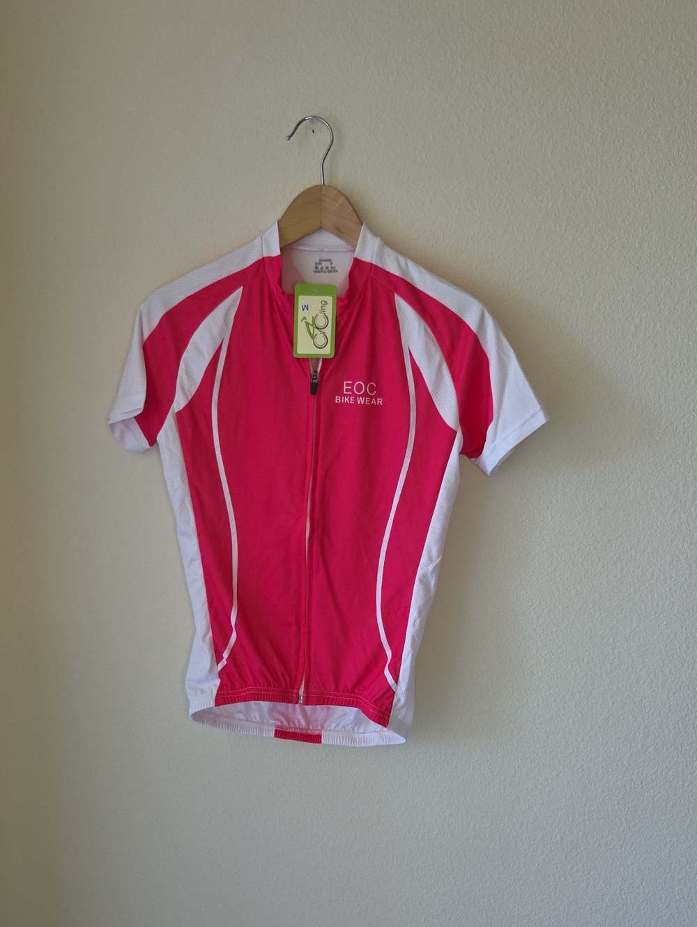 EOC Cycling Jersey Pink White Full Zip 3 Rear Pockets Short Sleeve Sz S/M NEW